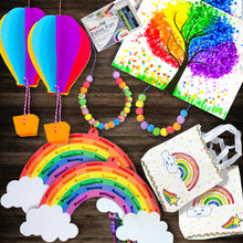 Load image into Gallery viewer, This picture shows The Kids Craft&#39;s Cherish the Rainbow Craft Kit and the material included &amp; final product that your kid will be able to create once they are done. This is a Craft Kit Box for up to 2 crafters. Let your kid be a creator with this Craft Kit Box - The Kids Craft, a Creativeana LLC company creation. Your kid will love The Kids Craft&#39;s Cherish The Rainbow Crafts as they create their own hot air balloon, decorate their rainbow, create a necklace, and create their art masterpiece.
